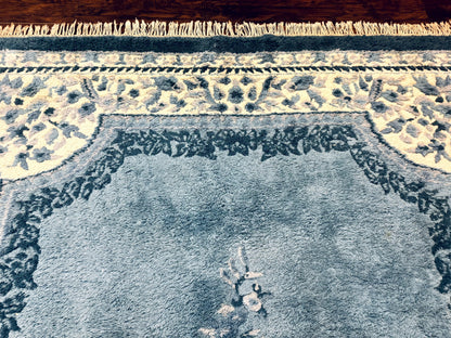 Indo Chinese Aubusson Rug 6x9, Light Blue and Ivory, Handmade Vintage Wool Carpet
