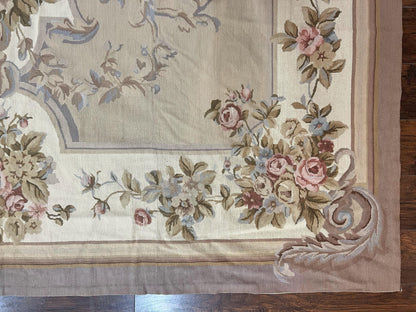 Aubusson Needlepoint Rug 9x12, VIntage Handmade Wool Beige Floral European Elegant Rug 9 x 12, Floral Roses