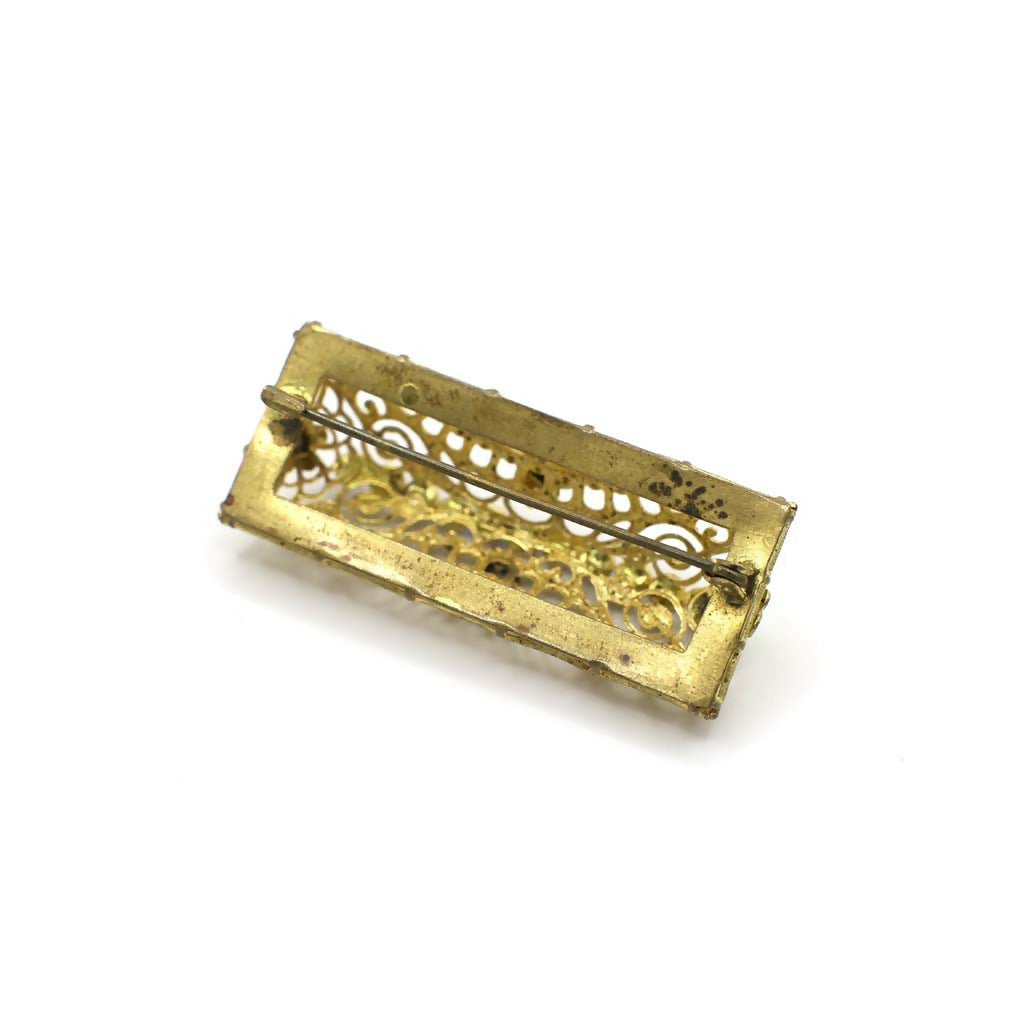 Vintage Rhinestone Gold Tone Filigree Cage Bar Pin