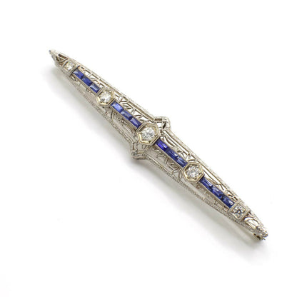Circa 1920-1930s Edwardian Style Genuine Diamond and Sapphire Filigree Bar Pin in 14K White Gold