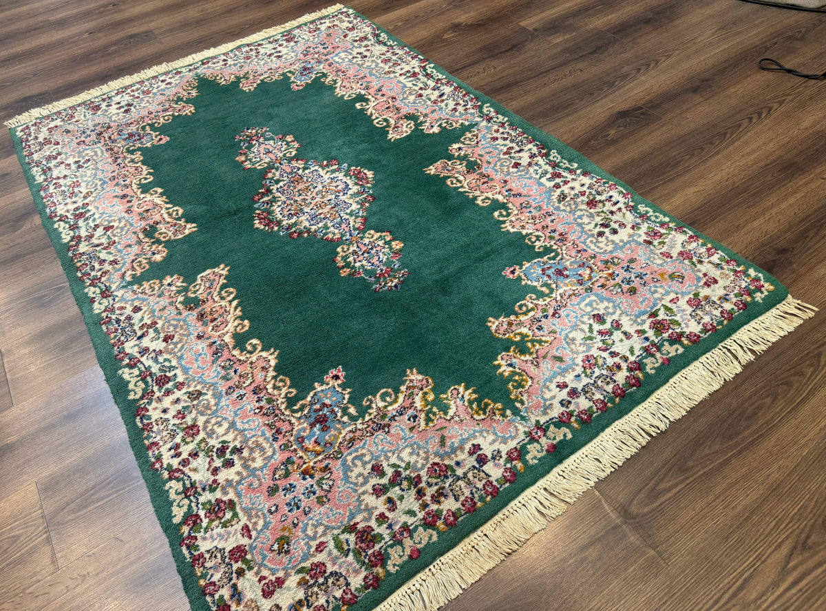Persian Kerman Rug 4x6, Green Ivory Pink, Wool Vintage, Semi Open Field