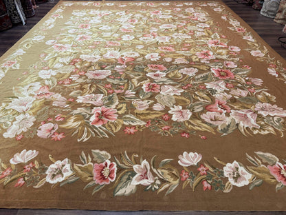 Large Needlepoint Rug 11x14, Vintage Floral Wool Carpet, Caramel