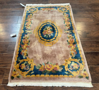 Chinese Wool Rug 3x5, Vintage 90 Line Carpet, Small Art Deco Rug