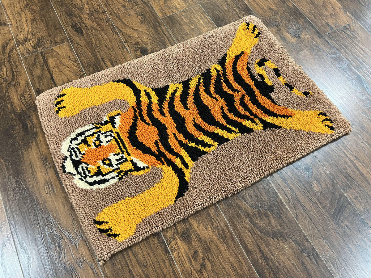 Small Hooked Rug 2x3, Tibetan Tiger Design, Wool, Unique Hooked Rug, Vintage