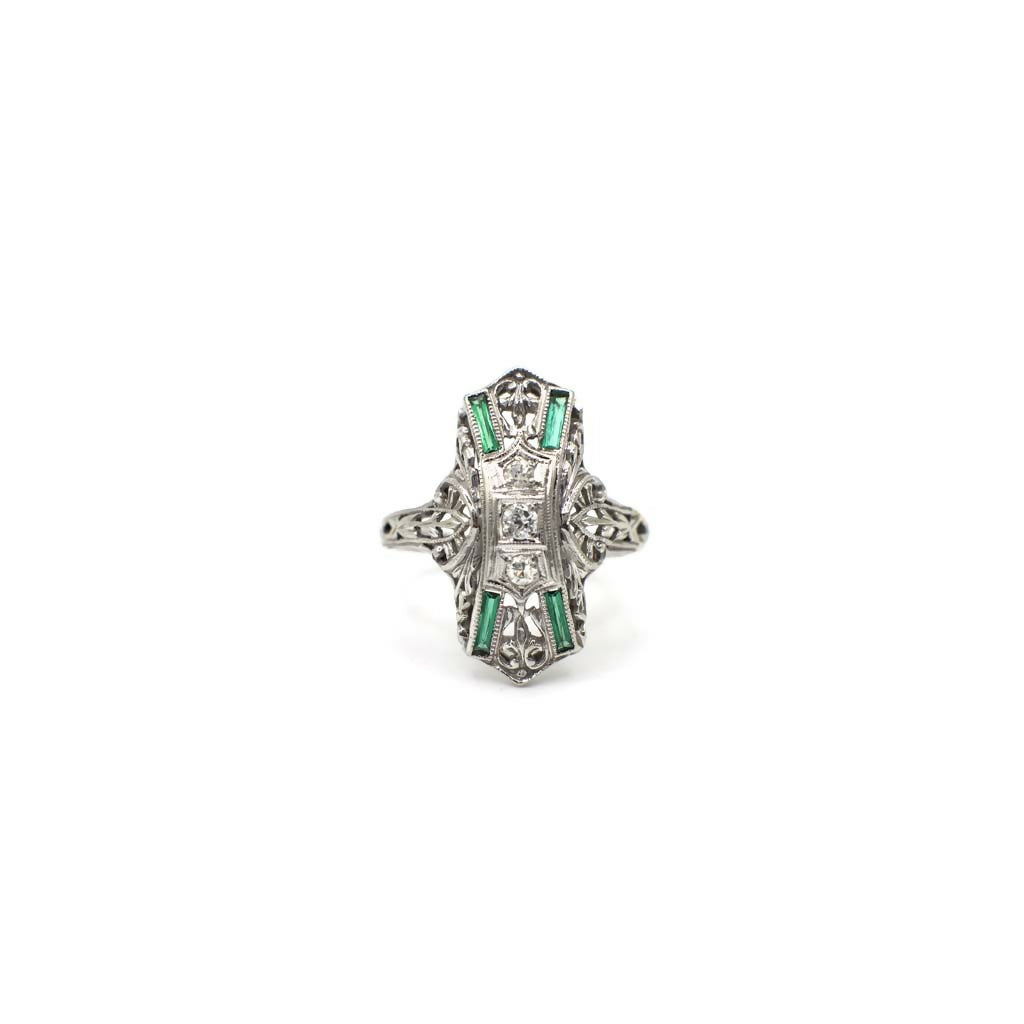 Antique Art Deco Genuine Diamond, Simulated Emerald, and 14K/18K White Gold Filigree Shield Ring