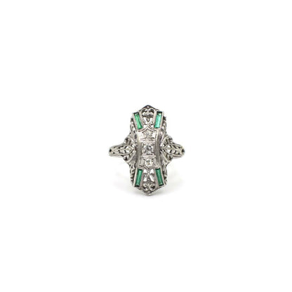 Antique Art Deco Genuine Diamond, Simulated Emerald, and 14K/18K White Gold Filigree Shield Ring