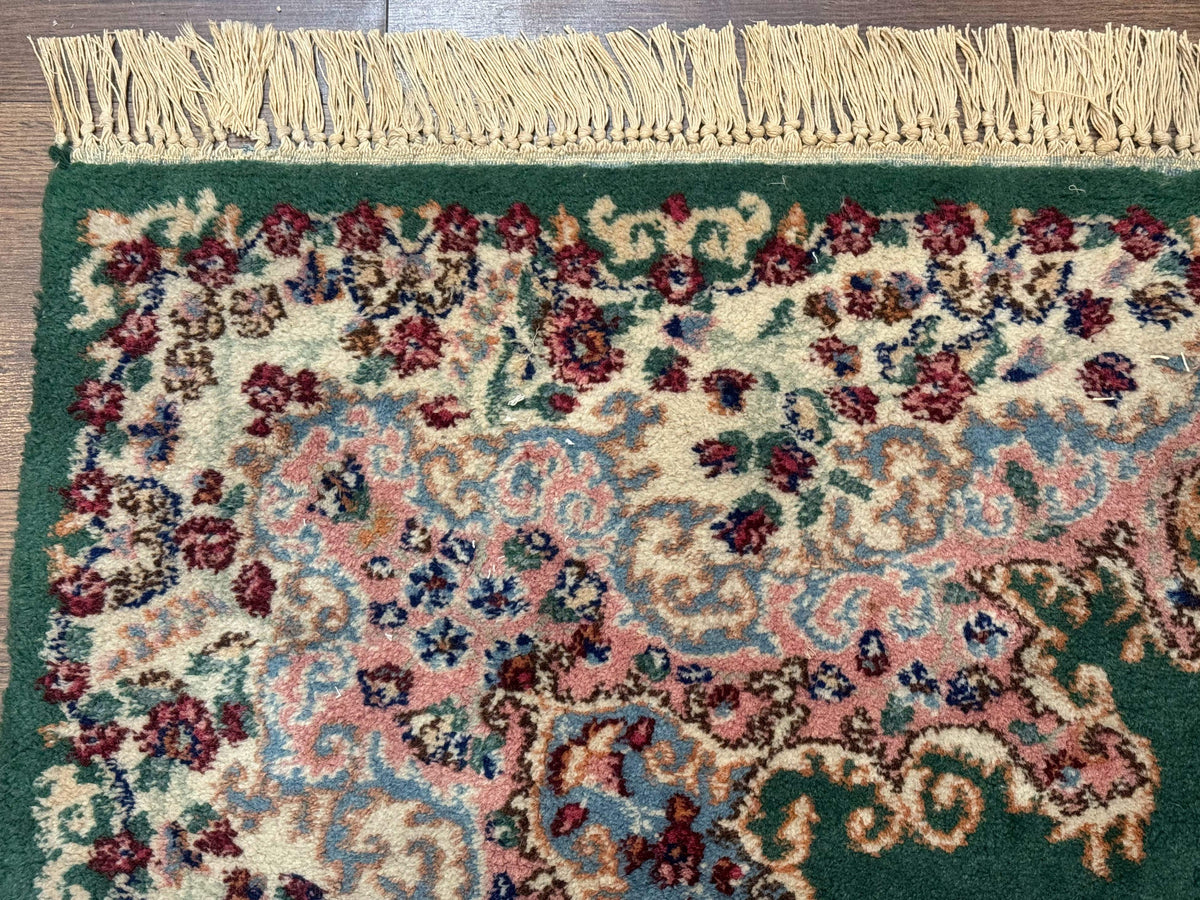 Persian Kerman Rug 4x6, Green Ivory Pink, Wool Vintage, Semi Open Field