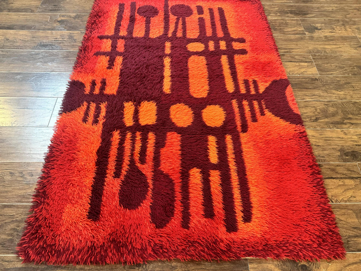 Danish Rya Shag Rug 4x6, Red Vintage Mid Century Retro Abstract Shag Rug