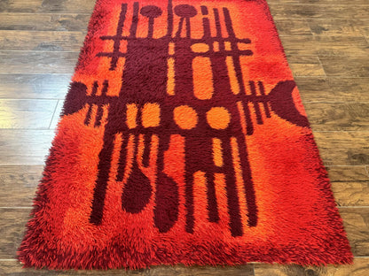 Danish Rya Shag Rug 4x6, Red Vintage Mid Century Retro Abstract Shag Rug
