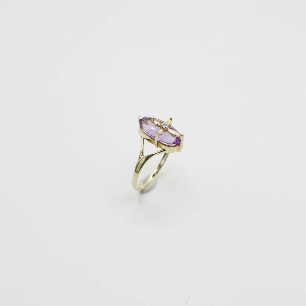 Vintage Genuine Diamond and Amethyst Cross Accented Ring In 10K Yellow Gold