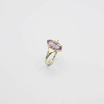 Vintage Genuine Diamond and Amethyst Cross Accented Ring In 10K Yellow Gold