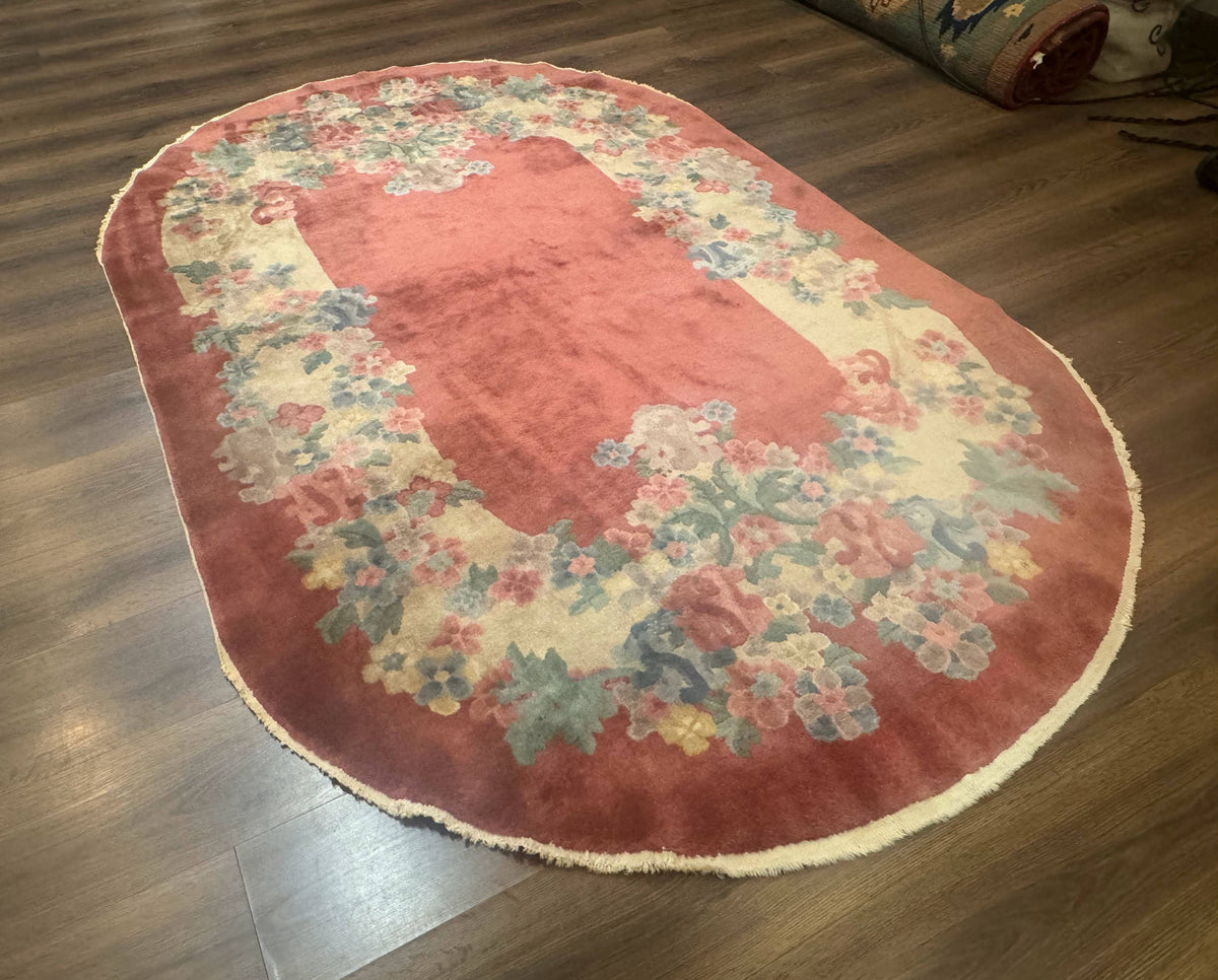 Oval Chinese Peking Rug 5x8, Pink, Floral, Vintage Chinese Wool Carpet