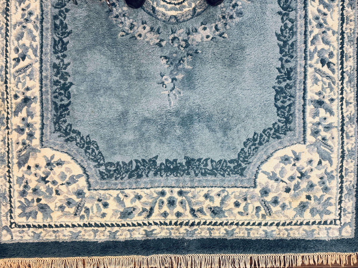 Indo Chinese Aubusson Rug 6x9, Light Blue and Ivory, Handmade Vintage Wool Carpet