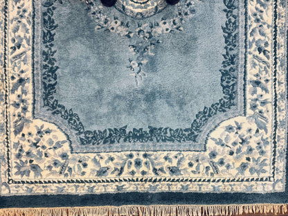 Indo Chinese Aubusson Rug 6x9, Light Blue and Ivory, Handmade Vintage Wool Carpet