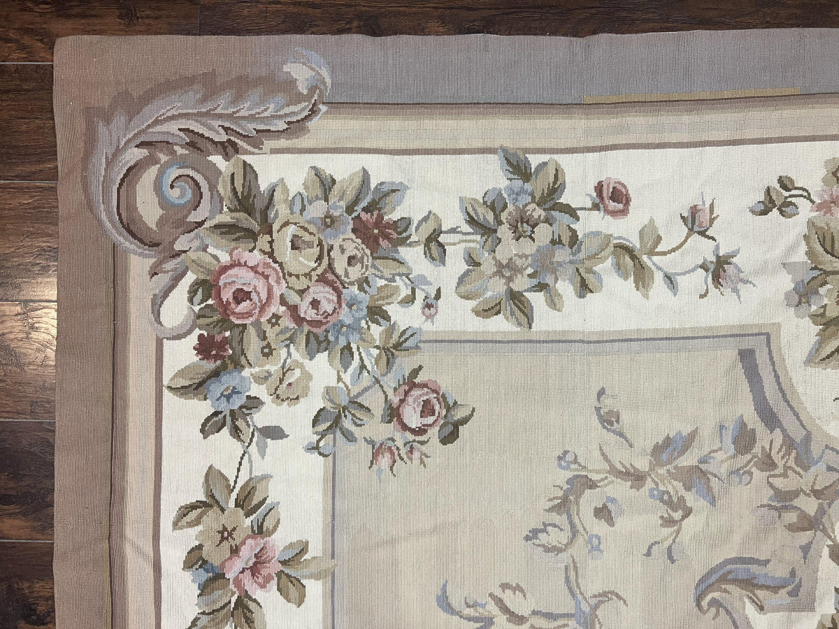 Aubusson Needlepoint Rug 9x12, VIntage Handmade Wool Beige Floral European Elegant Rug 9 x 12, Floral Roses