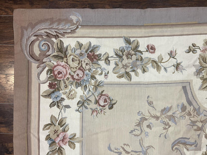 Aubusson Needlepoint Rug 9x12, VIntage Handmade Wool Beige Floral European Elegant Rug 9 x 12, Floral Roses