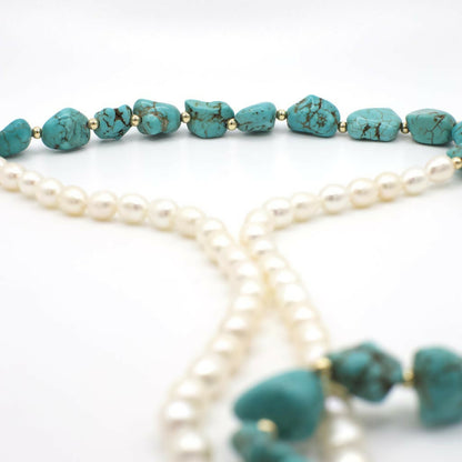 Vintage Genuine Turquoise and Pearl Lariat Necklace