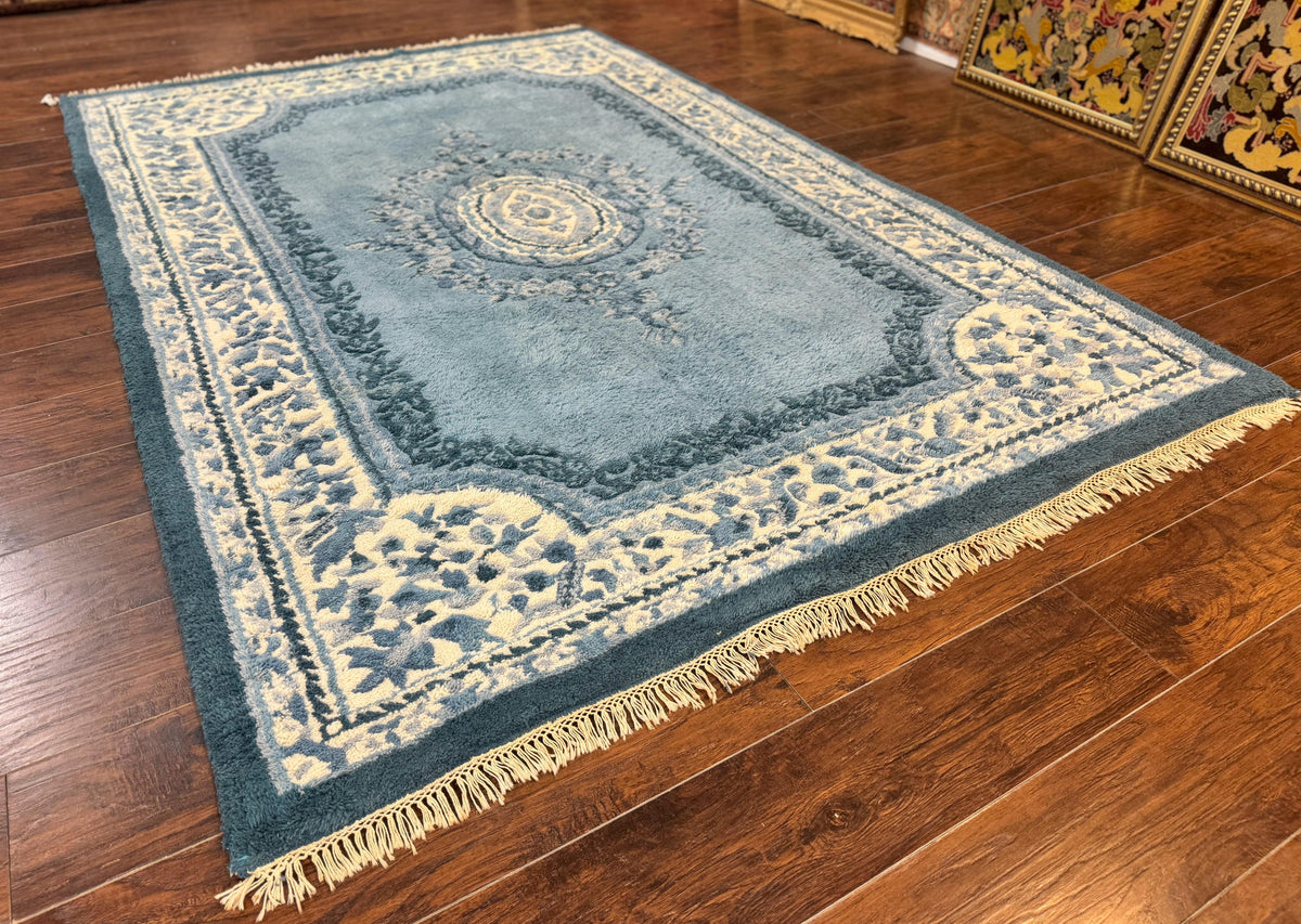 Indo Chinese Aubusson Rug 6x9, Light Blue and Ivory, Handmade Vintage Wool Carpet