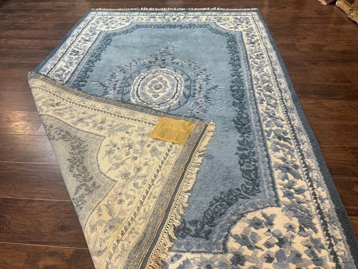 Indo Chinese Aubusson Rug 6x9, Light Blue and Ivory, Handmade Vintage Wool Carpet