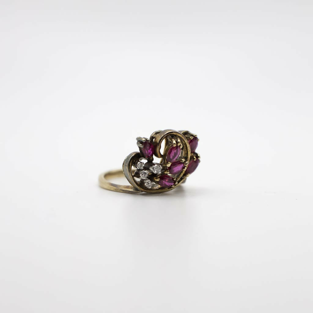 Vintage Genuine Diamond and Ruby Statement Ring In 14K Yellow Gold