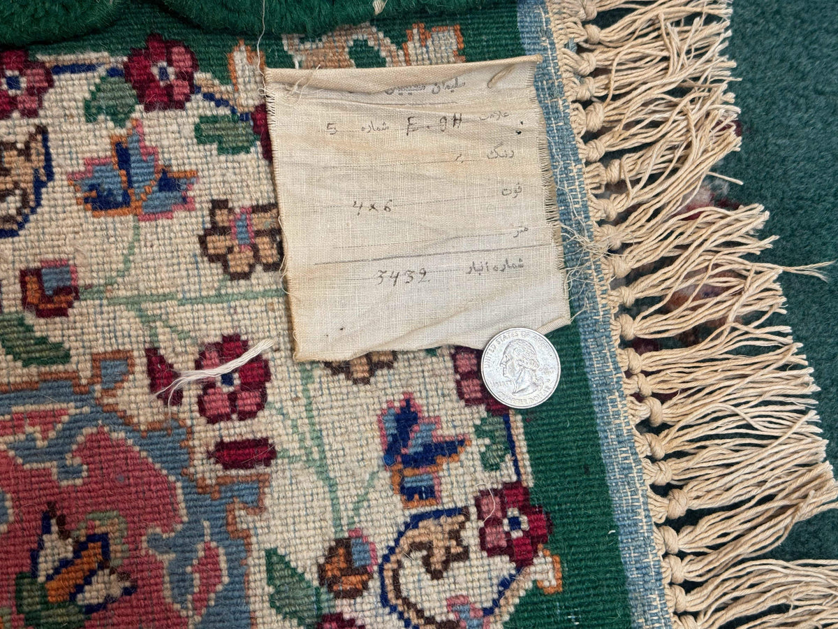 Persian Kerman Rug 4x6, Green Ivory Pink, Wool Vintage, Semi Open Field