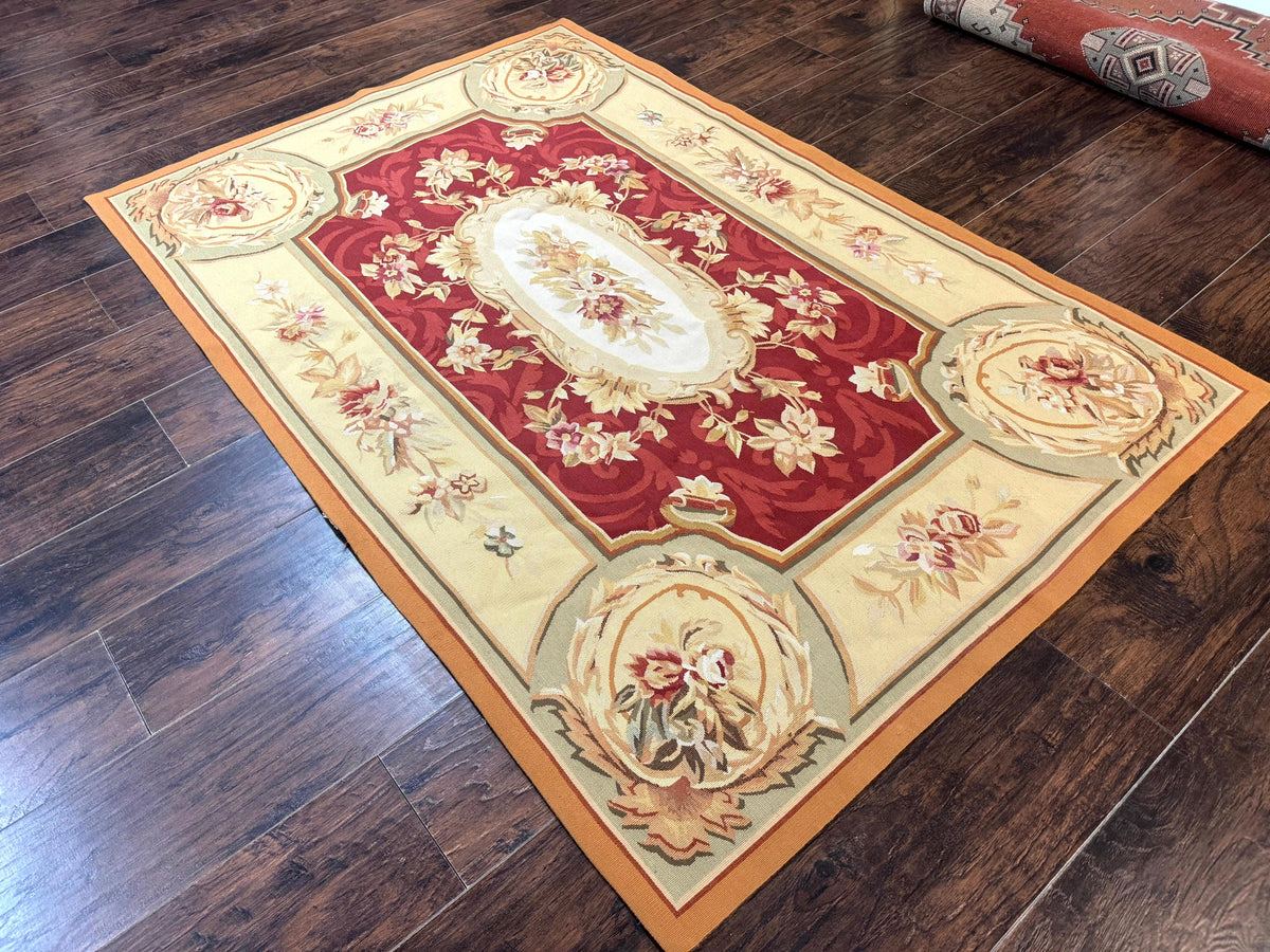 Aubusson Rug 4x6, Red, Floral, European Design, Vintage, Wool