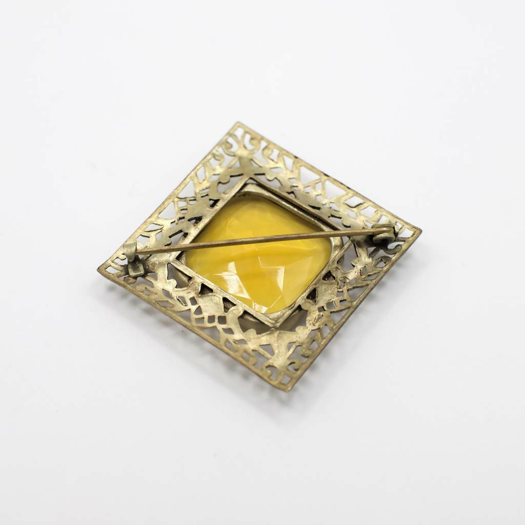 Antique Victorian Simulated Citrine Gold Tone Filigree Brooch