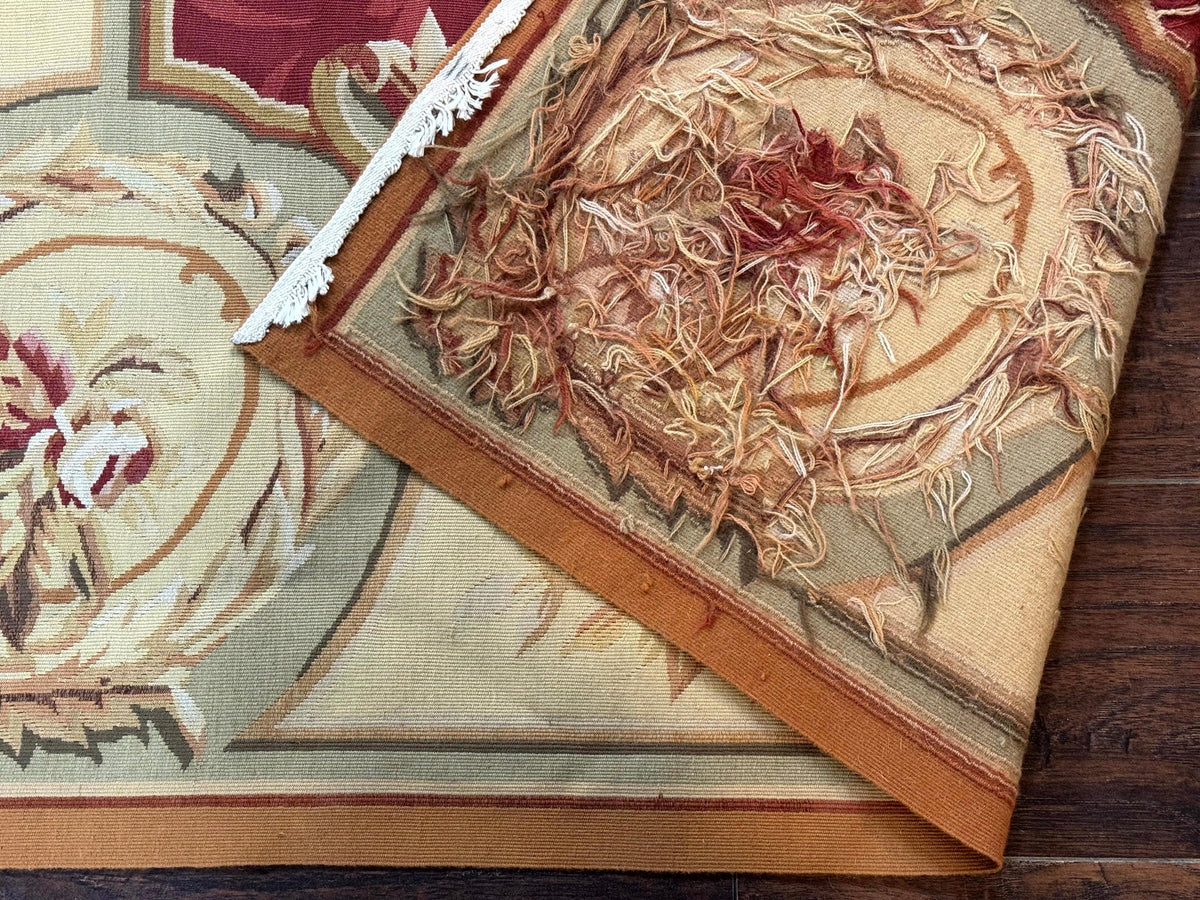 Aubusson Rug 4x6, Red, Floral, European Design, Vintage, Wool