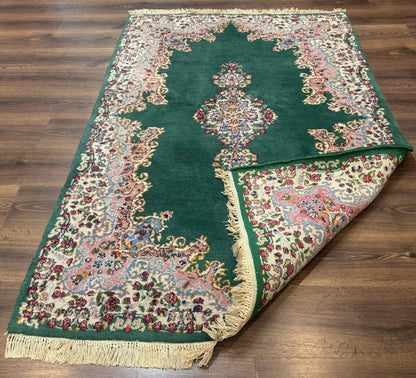 Persian Kerman Rug 4x6, Green Ivory Pink, Wool Vintage, Semi Open Field