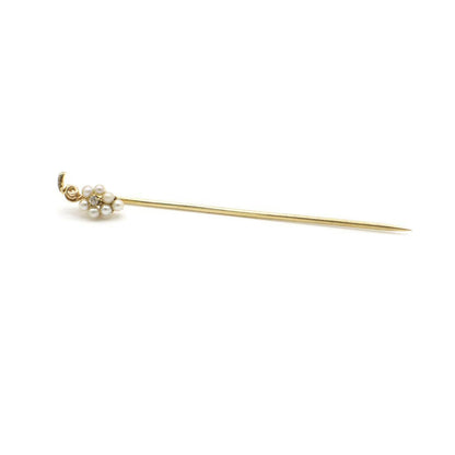 Vintage Genuine Diamond and Seed Pearl Stick Pin In 14K Yellow Gold