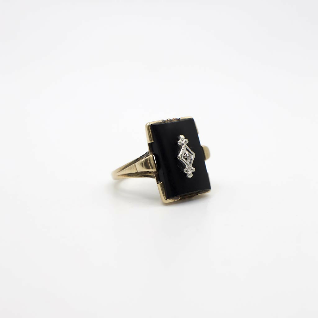Antique Genuine Diamond and Onyx Statement Ring In 10K Yellow Gold