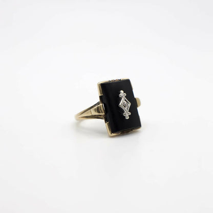 Antique Genuine Diamond and Onyx Statement Ring In 10K Yellow Gold