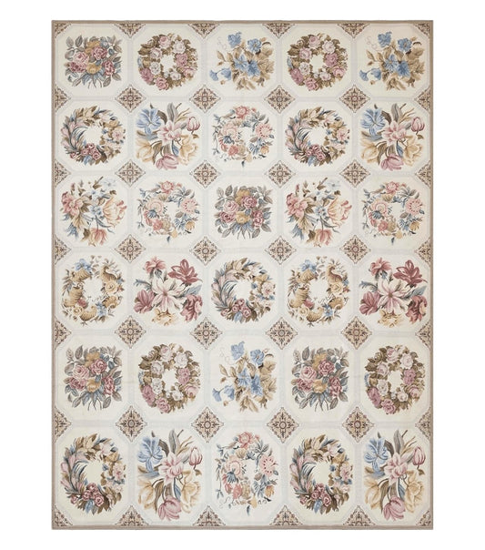 Needlepoint Rug 10x13 Vintage Carpet, Floral Panel Design, Beige, Multicolor Flowers, Handmade Hand Woven, Flatweave, No Pile, Wool
