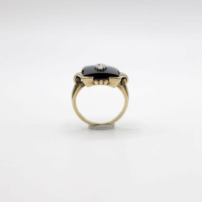Antique Genuine Diamond and Onyx Statement Ring In 10K Yellow Gold