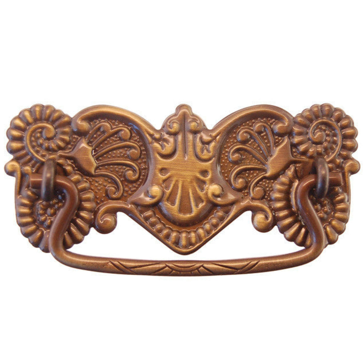 Ornate Victorian Drawer Pull Brass or Antique Finish, 3" Center-to-Center, Stamped Back Plate, Cast Bail