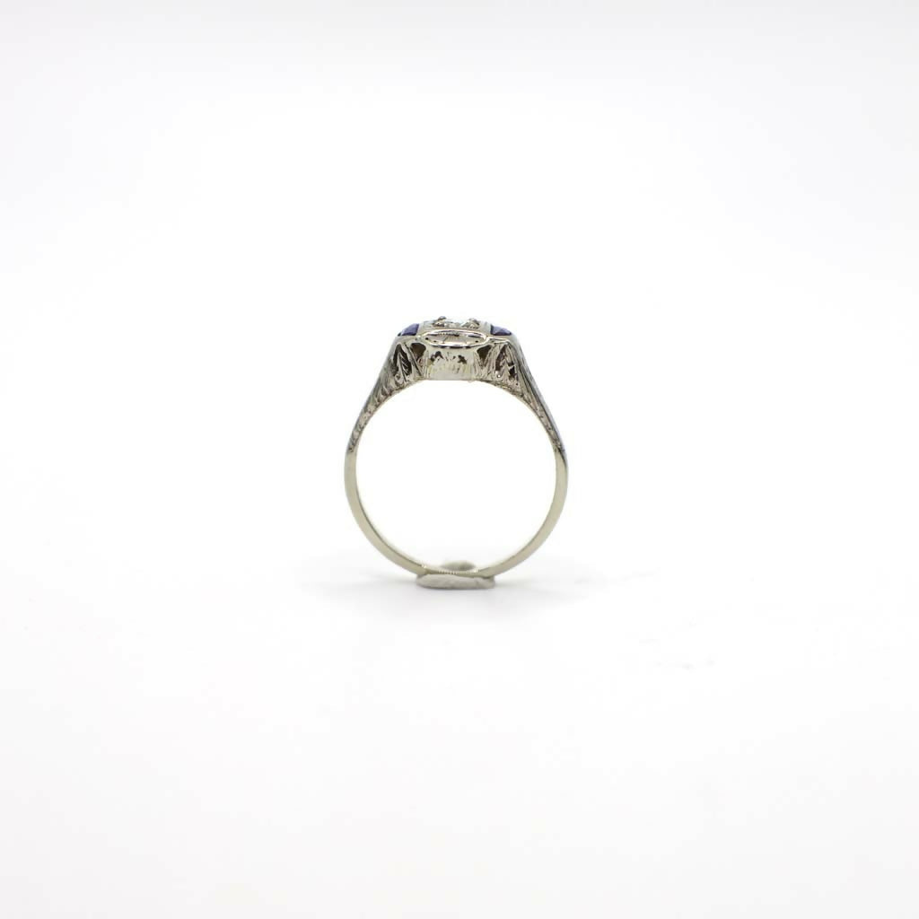 Antique Art Deco Genuine Diamond and Sapphire Ring In 14K White Gold