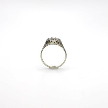 Antique Art Deco Genuine Diamond and Sapphire Ring In 14K White Gold