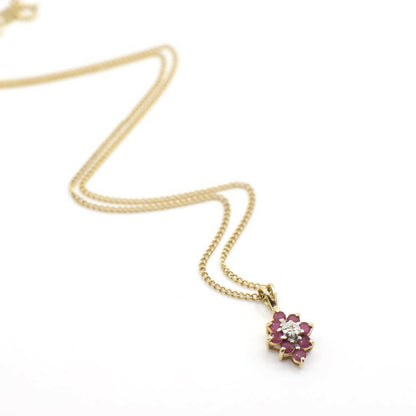 Vintage Genuine Diamond and Ruby Pendant Necklace In 14K Yellow Gold On Gold Filled Chain