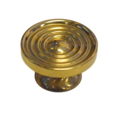 Small Bookcase Knob Polished Cast Brass with Concentric Rings, 7/8" Diameter, Includes Screws