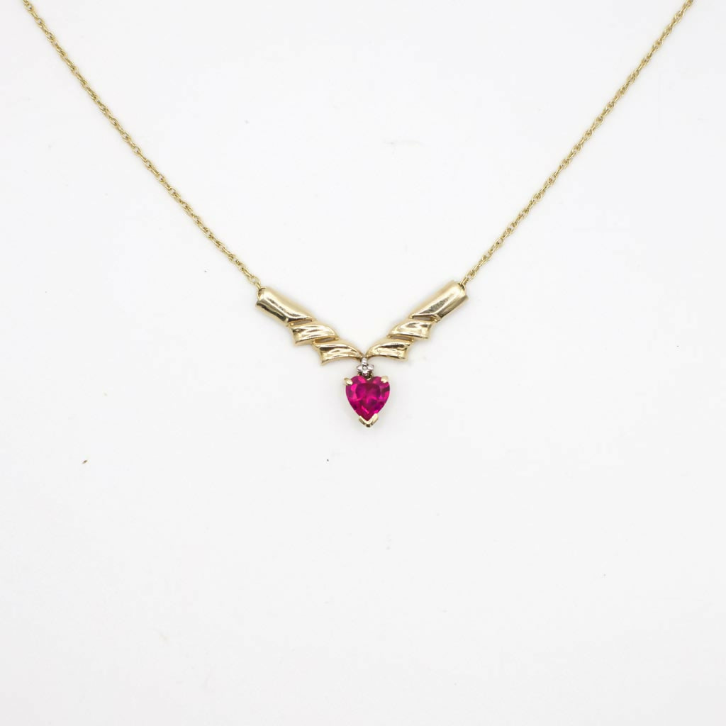 Vintage Genuine Pink Sapphire and 10K Yellow Gold Accented V Necklace