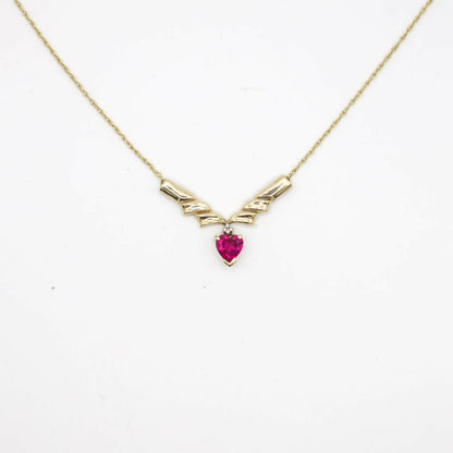 Vintage Genuine Pink Sapphire and 10K Yellow Gold Accented V Necklace