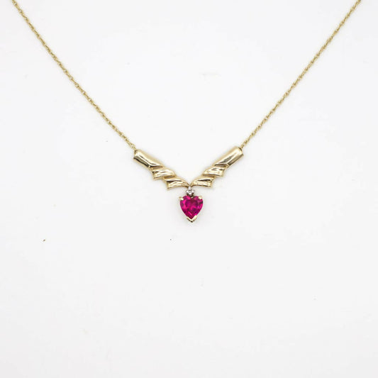 Vintage Genuine Pink Sapphire and 10K Yellow Gold Accented V Necklace
