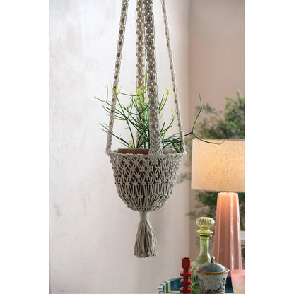 Cotton Macrame Plant Hanger with Wood Beads & Tassel