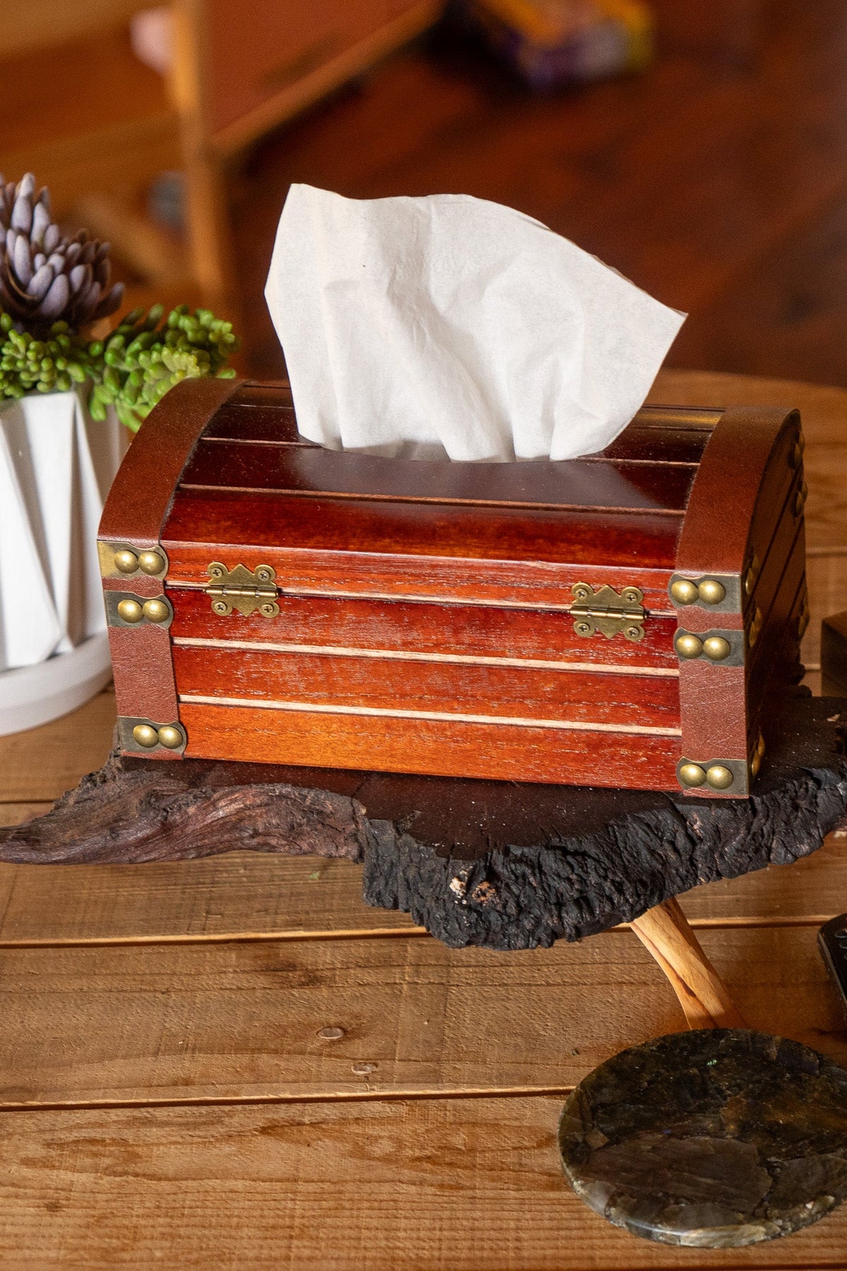 Wooden Chest Tissue Box - Cherry with Bronze Accents