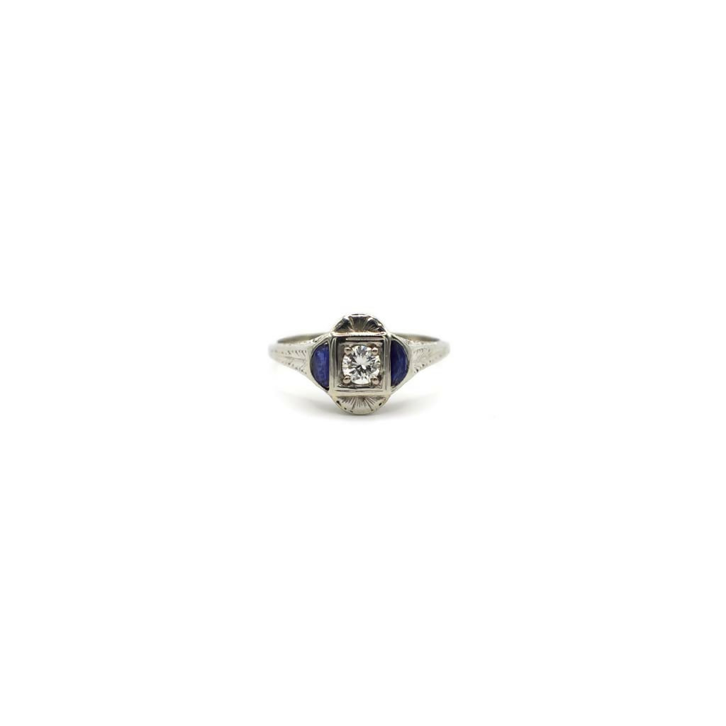 Antique Art Deco Genuine Diamond and Sapphire Ring In 14K White Gold