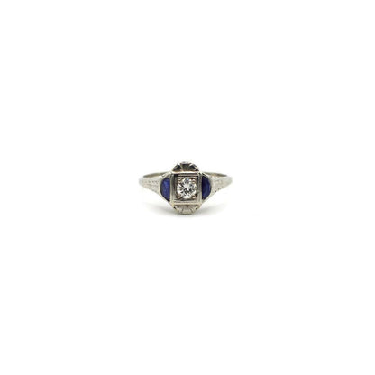 Antique Art Deco Genuine Diamond and Sapphire Ring In 14K White Gold