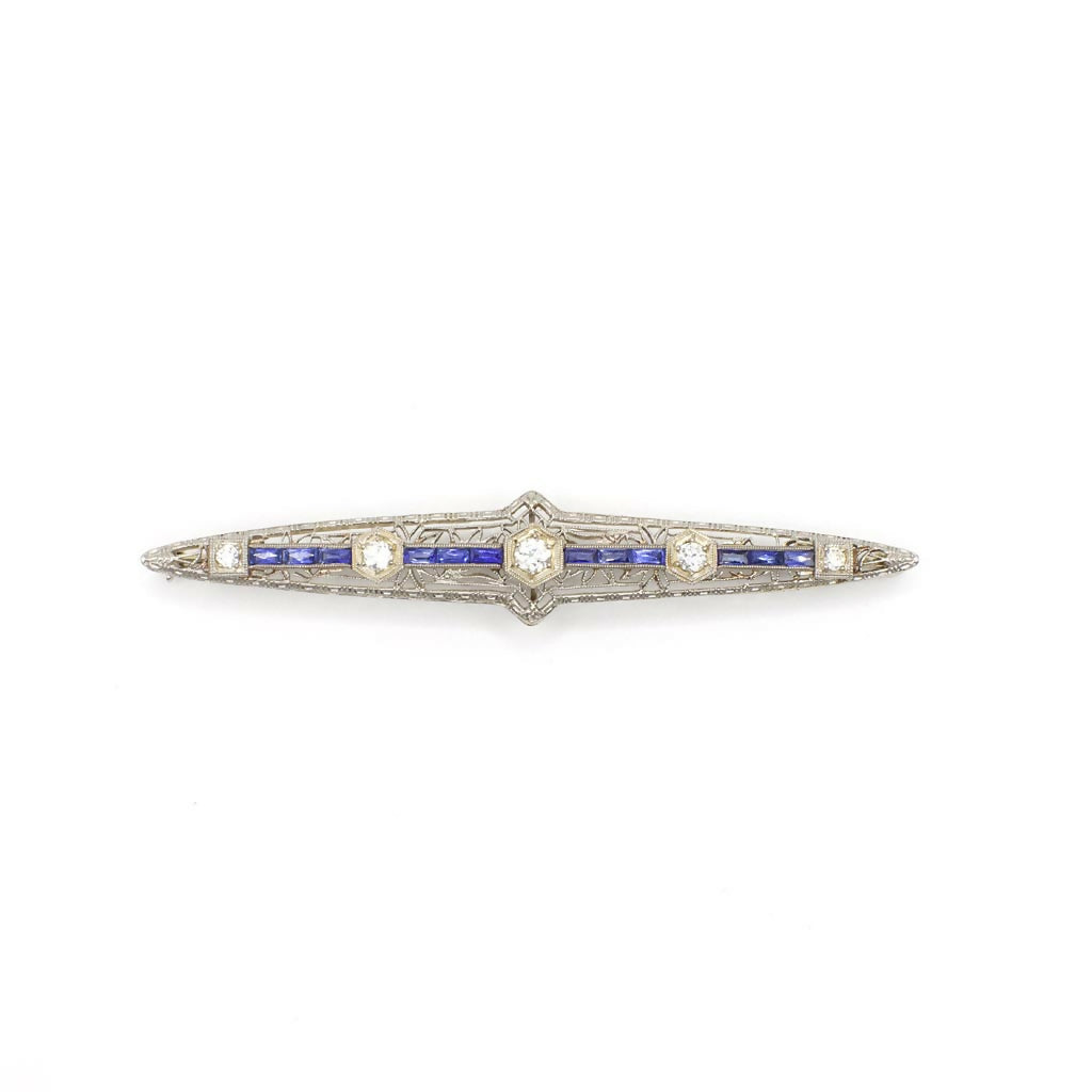 Circa 1920-1930s Edwardian Style Genuine Diamond and Sapphire Filigree Bar Pin in 14K White Gold