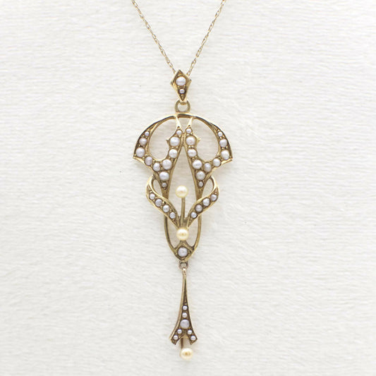 Antique Circa 1910 Art Nouveau Seed Pearl and 14K Solid Yellow Gold Lavalier Pendant (Pendant Only)