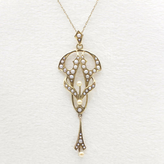 Antique Circa 1910 Art Nouveau Seed Pearl and 14K Solid Yellow Gold Lavalier Pendant (Pendant Only)