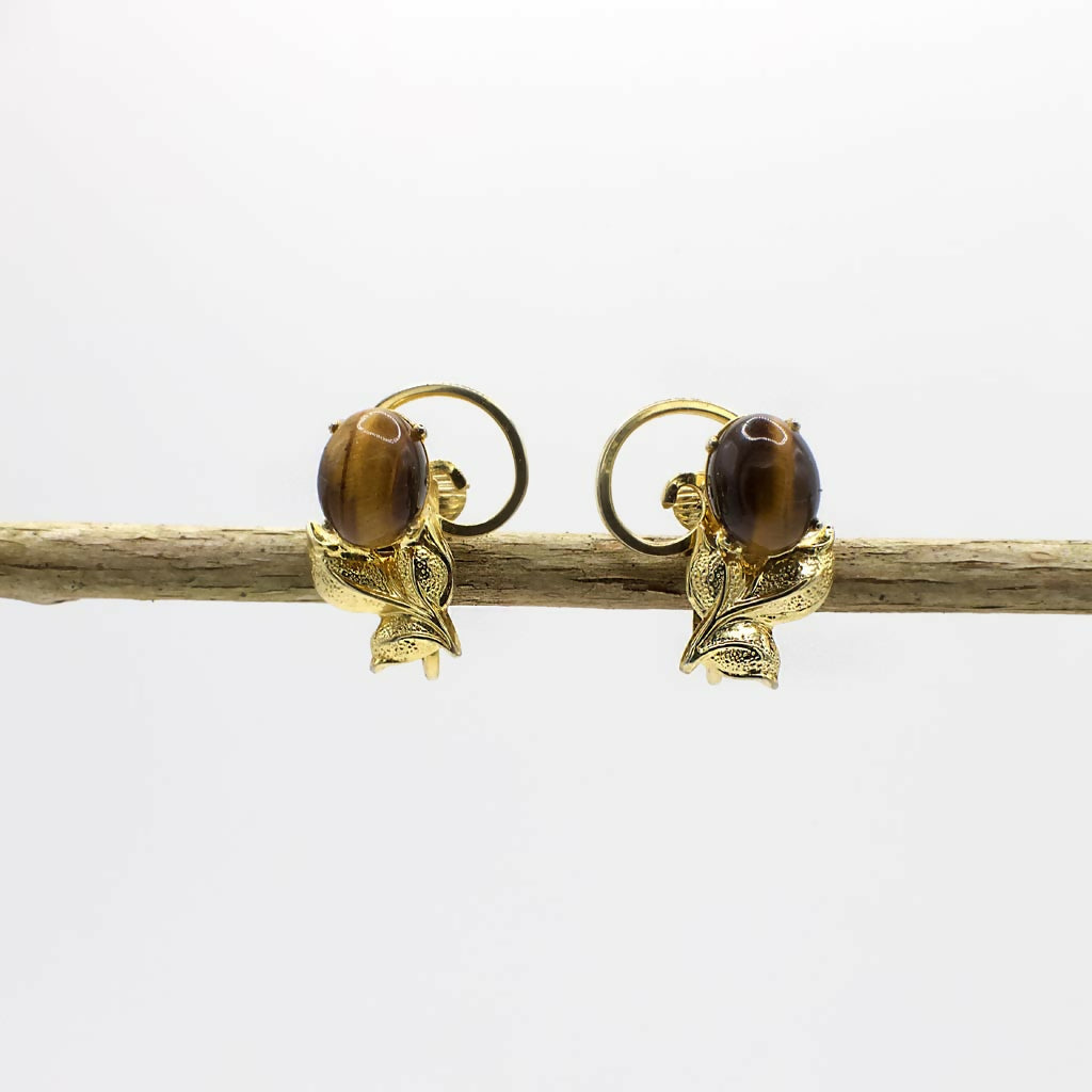 Vintage 12K Gold Filled Genuine Tigers Eye Cabochon Clip On Earrings